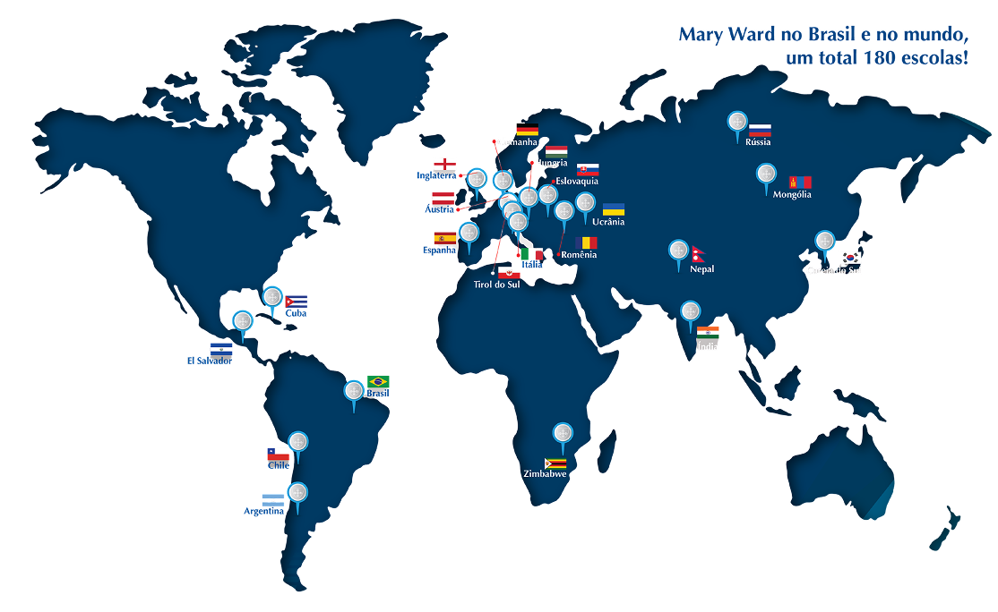 Mapa mundial mostrando a presença das escolas Mary Ward